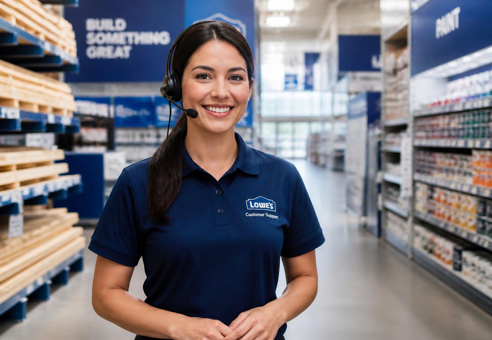 Lowe's customer support specialist wearing a headset in a store aisle